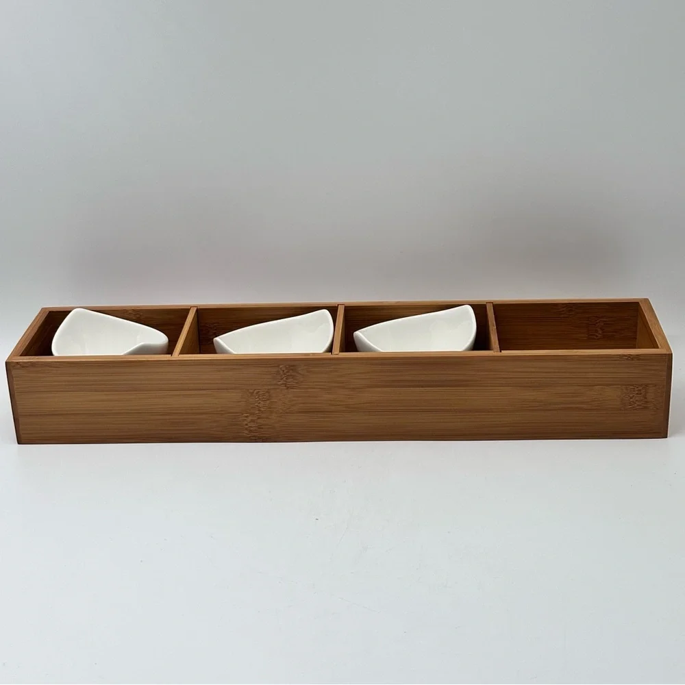 Divided Wooden Bamboo Tray with 3 White Ceramic Dipping Bowls Serving Set